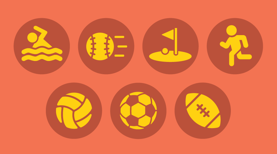 Graphic of fall sports includes a person running cross country, a golf course, a slowpitch softball, a swimmer, a football, a soccer ball, and a volleyball